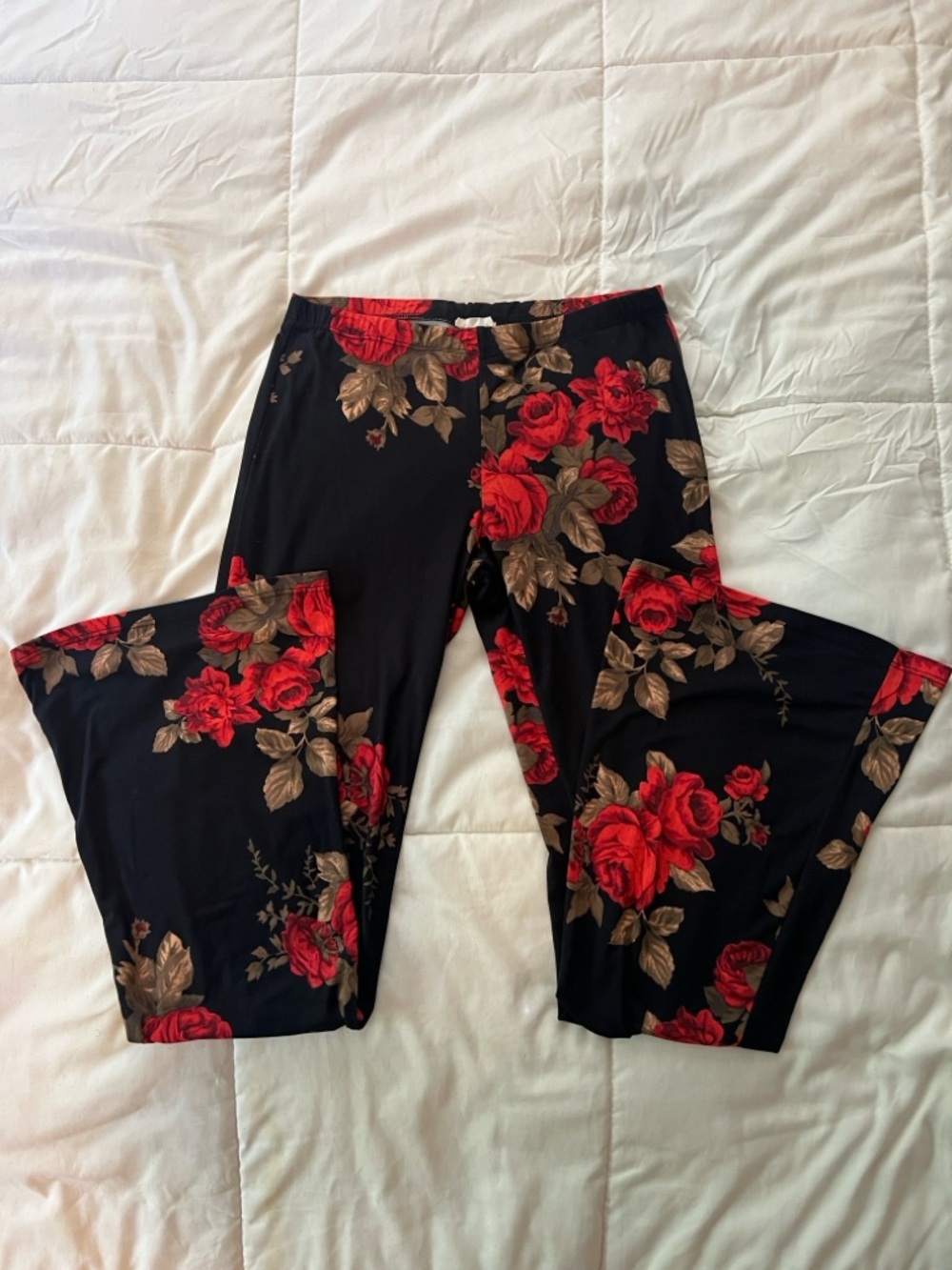 Black Floral Leggings with Red Rose Print